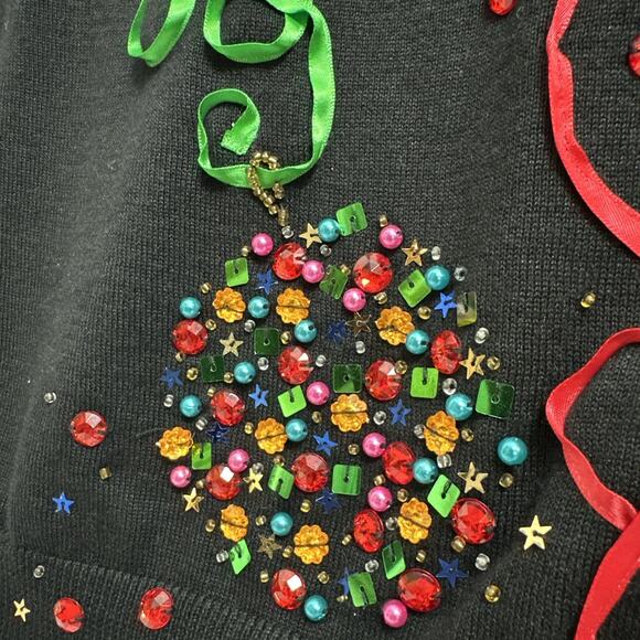 Vtg Christmas Sweater Ornaments Beaded Sequins Ribbon Black White S/M Holiday - Picture 9 of 14